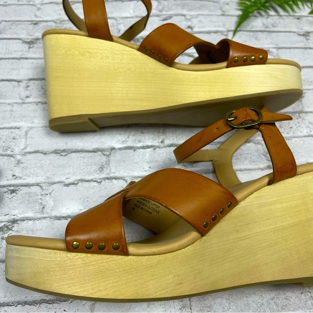 Loft Women’s Cognac Camel Brown Wooden Wedge Sandals Size 7 Bohemian Neutral 90s - Picture 8 of 13